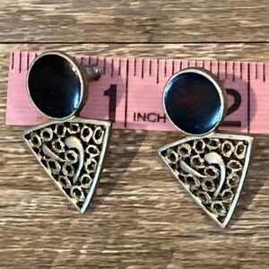 Vintage Geometric Triangle Earrings- Black & Gold Retro Studs